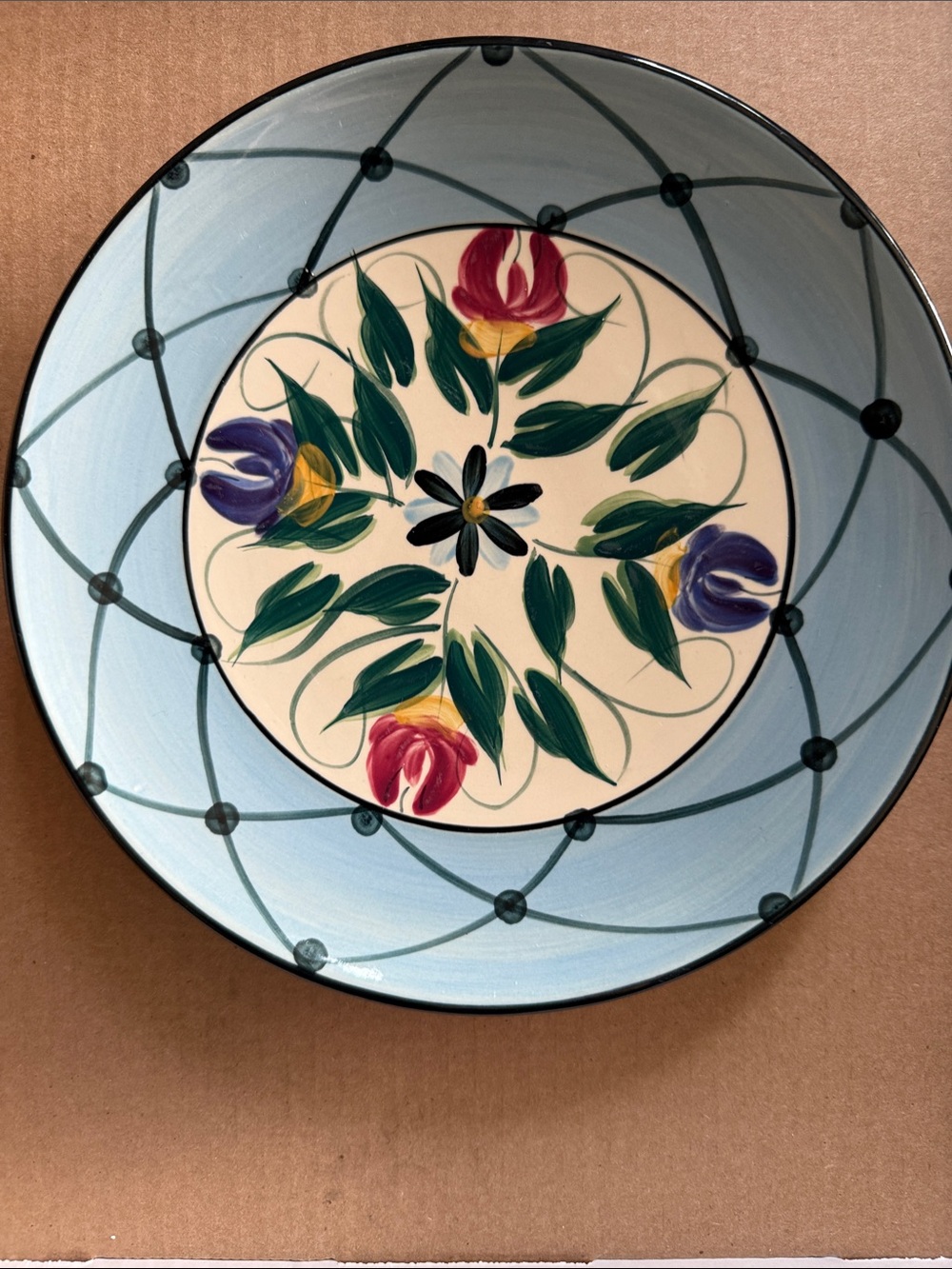Hand-Painted Floral Ceramic Dinner Plate in Sky Blue